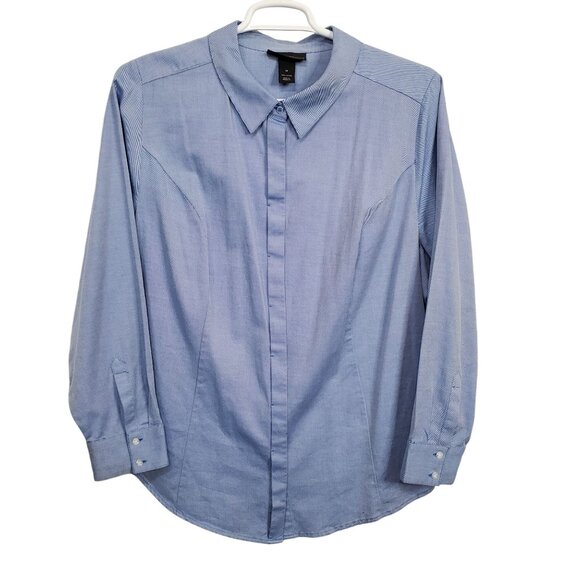 Lane Bryant Plus Size 24 Shirt Stripe Button Up Long Sleeve Collared Cotton Blue - Picture 2 of 10